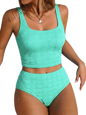 ZAFUL Womens Tankini Swimsuits Tummy Control Two Piece Bathing Suits Textured Swim Suits Tank Top with High Waisted Bottom in Saudi Arabia