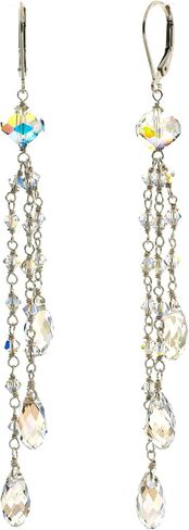 Chandelier Triple Austrian Crystal Aurora Borealis Drop Earrings in Sterling Silver and 14k Gold-Filled Leverbacks in Kuwait