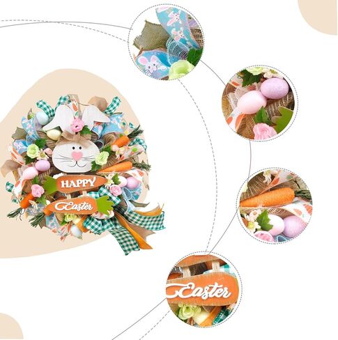 Bibelot 18" Easter Bunny Wreaths, Artificial Mesh Door Wreath for Front Door Hanging Decorations with Carrot Eggs Flowers for Home Farmhouse Spring Summer Easter Party Decor in Saudi Arabia