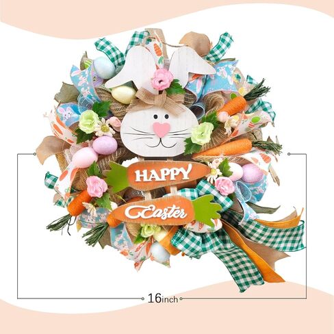 Bibelot 18" Easter Bunny Wreaths, Artificial Mesh Door Wreath for Front Door Hanging Decorations with Carrot Eggs Flowers for Home Farmhouse Spring Summer Easter Party Decor in Saudi Arabia