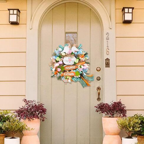 Bibelot 18" Easter Bunny Wreaths, Artificial Mesh Door Wreath for Front Door Hanging Decorations with Carrot Eggs Flowers for Home Farmhouse Spring Summer Easter Party Decor in Saudi Arabia