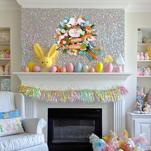 Bibelot 18" Easter Bunny Wreaths, Artificial Mesh Door Wreath for Front Door Hanging Decorations with Carrot Eggs Flowers for Home Farmhouse Spring Summer Easter Party Decor in Saudi Arabia