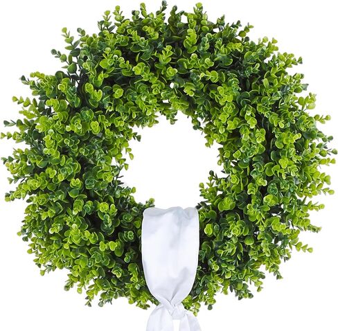 24 Inch Boxwood Wreath for Front Door, Large Green Outdoor Wreaths Weatherproof for Windows with Ribbon in Saudi Arabia