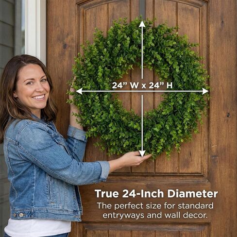 24 Inch Boxwood Wreath for Front Door, Large Green Outdoor Wreaths Weatherproof for Windows with Ribbon in Saudi Arabia