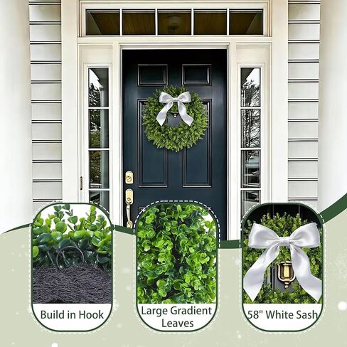 24 Inch Boxwood Wreath for Front Door, Large Green Outdoor Wreaths Weatherproof for Windows with Ribbon in Saudi Arabia