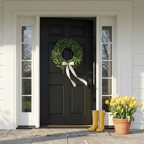24 Inch Boxwood Wreath for Front Door, Large Green Outdoor Wreaths Weatherproof for Windows with Ribbon in Saudi Arabia