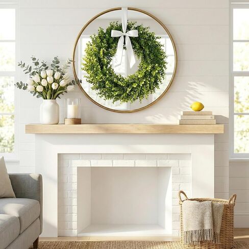 24 Inch Boxwood Wreath for Front Door, Large Green Outdoor Wreaths Weatherproof for Windows with Ribbon in Saudi Arabia
