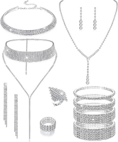 13 Pcs Rhinestone Jewelry Set for Women Wedding Costume Jewels Crystal Necklaces Tennis Bracelets Rings Earrings Set for Wedding Bride Party Accessory in Kuwait