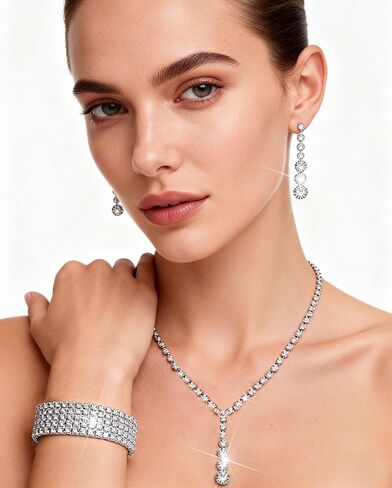 13 Pcs Rhinestone Jewelry Set for Women Wedding Costume Jewels Crystal Necklaces Tennis Bracelets Rings Earrings Set for Wedding Bride Party Accessory in Kuwait