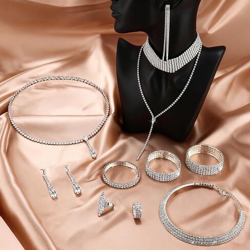 13 Pcs Rhinestone Jewelry Set for Women Wedding Costume Jewels Crystal Necklaces Tennis Bracelets Rings Earrings Set for Wedding Bride Party Accessory in Kuwait