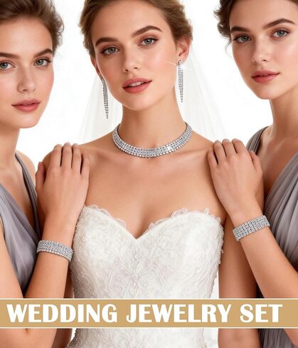 13 Pcs Rhinestone Jewelry Set for Women Wedding Costume Jewels Crystal Necklaces Tennis Bracelets Rings Earrings Set for Wedding Bride Party Accessory in Kuwait