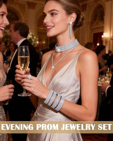 13 Pcs Rhinestone Jewelry Set for Women Wedding Costume Jewels Crystal Necklaces Tennis Bracelets Rings Earrings Set for Wedding Bride Party Accessory in Kuwait