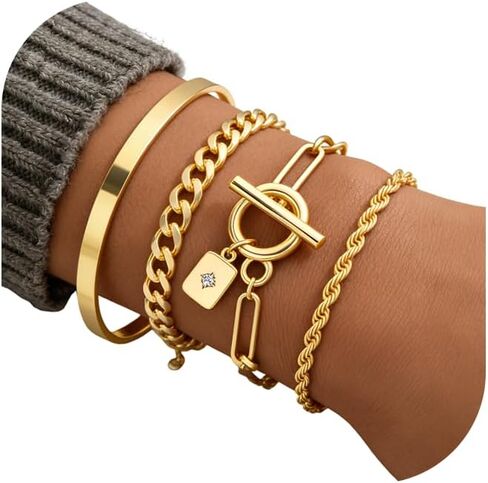 أساور ذهبية للنساء من YEEZII، سوار قابل للتكديس مطلي بالذهب عيار 14 قيراط مع سوار الكفة وسلسلة حبل وأساور ربط كوبي مشبك ورق قلادة تبديل، مجموعة مجوهرات متعددة الطبقات قابلة للتعديل هدايا للنساء in Kuwait