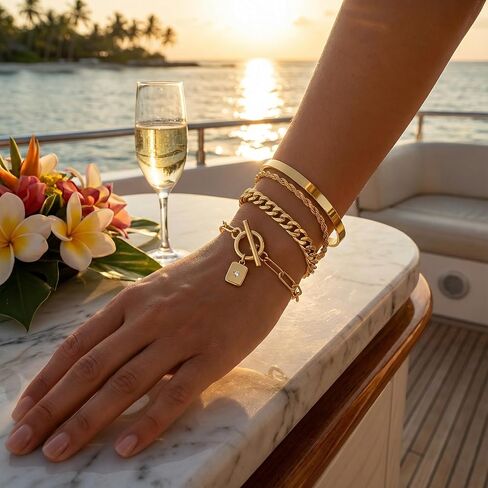 أساور ذهبية للنساء من YEEZII، سوار قابل للتكديس مطلي بالذهب عيار 14 قيراط مع سوار الكفة وسلسلة حبل وأساور ربط كوبي مشبك ورق قلادة تبديل، مجموعة مجوهرات متعددة الطبقات قابلة للتعديل هدايا للنساء in Kuwait