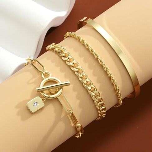 أساور ذهبية للنساء من YEEZII، سوار قابل للتكديس مطلي بالذهب عيار 14 قيراط مع سوار الكفة وسلسلة حبل وأساور ربط كوبي مشبك ورق قلادة تبديل، مجموعة مجوهرات متعددة الطبقات قابلة للتعديل هدايا للنساء in Kuwait