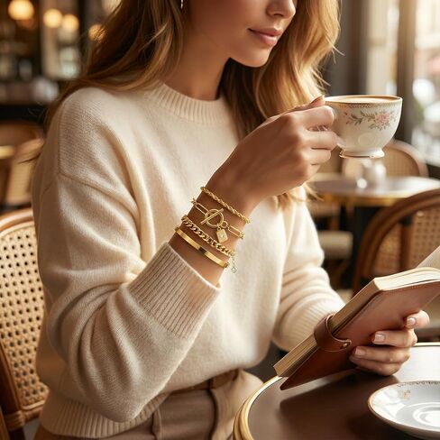 أساور ذهبية للنساء من YEEZII، سوار قابل للتكديس مطلي بالذهب عيار 14 قيراط مع سوار الكفة وسلسلة حبل وأساور ربط كوبي مشبك ورق قلادة تبديل، مجموعة مجوهرات متعددة الطبقات قابلة للتعديل هدايا للنساء in Kuwait