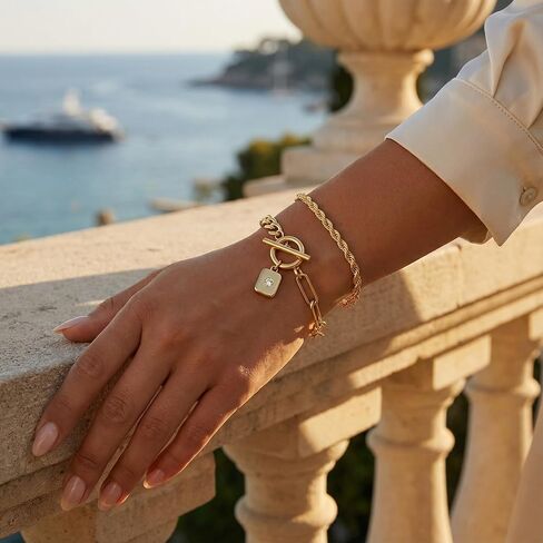 أساور ذهبية للنساء من YEEZII، سوار قابل للتكديس مطلي بالذهب عيار 14 قيراط مع سوار الكفة وسلسلة حبل وأساور ربط كوبي مشبك ورق قلادة تبديل، مجموعة مجوهرات متعددة الطبقات قابلة للتعديل هدايا للنساء in Kuwait