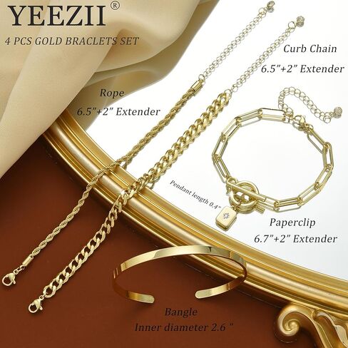أساور ذهبية للنساء من YEEZII، سوار قابل للتكديس مطلي بالذهب عيار 14 قيراط مع سوار الكفة وسلسلة حبل وأساور ربط كوبي مشبك ورق قلادة تبديل، مجموعة مجوهرات متعددة الطبقات قابلة للتعديل هدايا للنساء in Kuwait