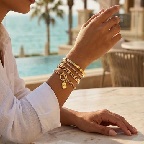 أساور ذهبية للنساء من YEEZII، سوار قابل للتكديس مطلي بالذهب عيار 14 قيراط مع سوار الكفة وسلسلة حبل وأساور ربط كوبي مشبك ورق قلادة تبديل، مجموعة مجوهرات متعددة الطبقات قابلة للتعديل هدايا للنساء in Kuwait