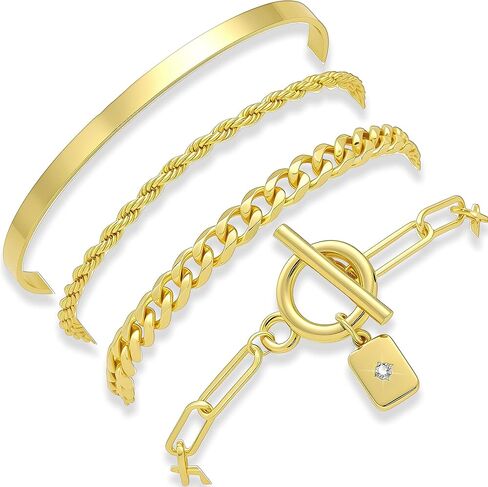 أساور ذهبية للنساء من YEEZII، سوار قابل للتكديس مطلي بالذهب عيار 14 قيراط مع سوار الكفة وسلسلة حبل وأساور ربط كوبي مشبك ورق قلادة تبديل، مجموعة مجوهرات متعددة الطبقات قابلة للتعديل هدايا للنساء in Kuwait