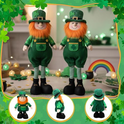 Capoda 2 Pack St. Patrick's Day Leprechaun with Stretchable Legs 15" to 20" Standing Leprechaun Figurine Long Leg Irish Plush Decorations for St. Patrick's Day Gift Office Kitchen Tabletop Home Decor in Saudi Arabia