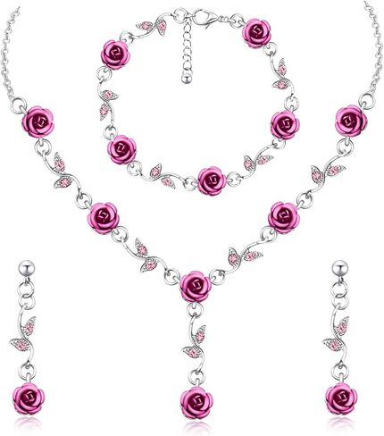 Nanafast 3Pcs Red/Hot Pink Rose Jewelry Set Adjustable Rose Pendant Necklace Flower Bracelet Earrings for Prom Wedding Party Valentine’s Day in Saudi Arabia