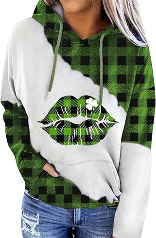 سويت شيرت نسائي من GORIFE بغطاء للرأس بنمط شامروك لعيد القديس باتريك أيرلندي بأربع أوراق البرسيم وجيب، سترة فضفاضة وخفيفة الوزن in Kuwait