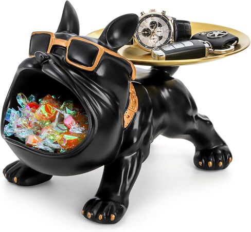 French Bulldog Tray, Resin Bulldog Statue Candy Dish, Cool Black Key Holder Jewelry Bowl Decor for Entryway, Table, Office, Modern Art in Kuwait