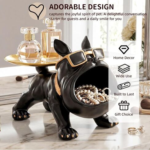 French Bulldog Tray, Resin Bulldog Statue Candy Dish, Cool Black Key Holder Jewelry Bowl Decor for Entryway, Table, Office, Modern Art in Kuwait