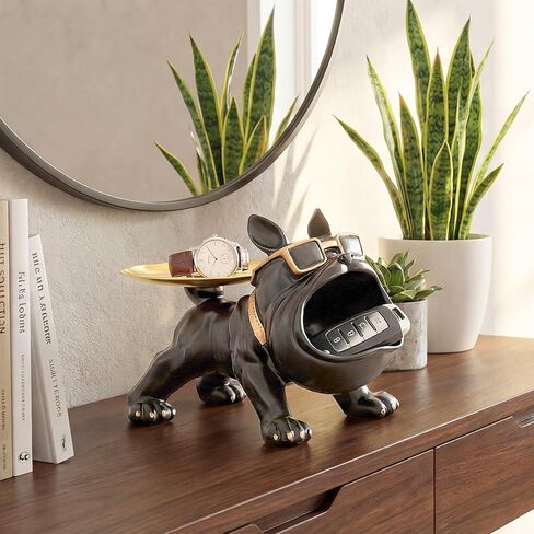 French Bulldog Tray, Resin Bulldog Statue Candy Dish, Cool Black Key Holder Jewelry Bowl Decor for Entryway, Table, Office, Modern Art in Kuwait