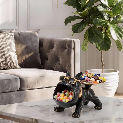 French Bulldog Tray, Resin Bulldog Statue Candy Dish, Cool Black Key Holder Jewelry Bowl Decor for Entryway, Table, Office, Modern Art in Kuwait