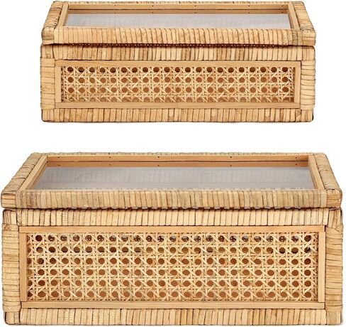 Amyhill Set of 2 Rattan Box Rattan with Glass Lids Decorative Woven Cane Boxes Multipurpose Square Basket for Home Shelf Organizer(15.4 x 9.5 x 7.1 Inch, 12.6 x 6.7 x 4.3 Inch) in Saudi Arabia