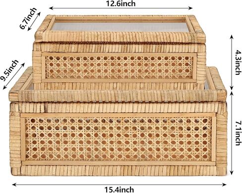 Amyhill Set of 2 Rattan Box Rattan with Glass Lids Decorative Woven Cane Boxes Multipurpose Square Basket for Home Shelf Organizer(15.4 x 9.5 x 7.1 Inch, 12.6 x 6.7 x 4.3 Inch) in Saudi Arabia