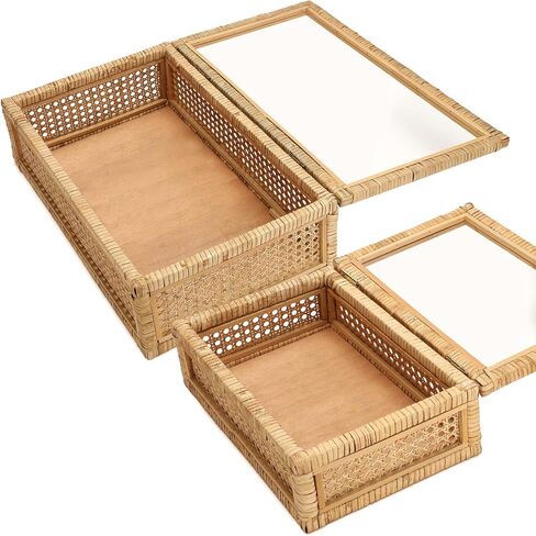 Amyhill Set of 2 Rattan Box Rattan with Glass Lids Decorative Woven Cane Boxes Multipurpose Square Basket for Home Shelf Organizer(15.4 x 9.5 x 7.1 Inch, 12.6 x 6.7 x 4.3 Inch) in Saudi Arabia