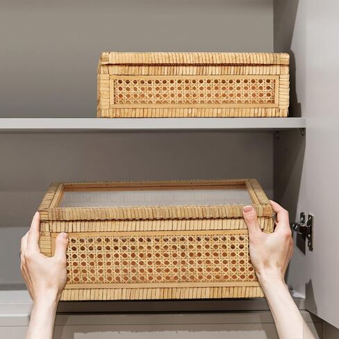 Amyhill Set of 2 Rattan Box Rattan with Glass Lids Decorative Woven Cane Boxes Multipurpose Square Basket for Home Shelf Organizer(15.4 x 9.5 x 7.1 Inch, 12.6 x 6.7 x 4.3 Inch) in Saudi Arabia