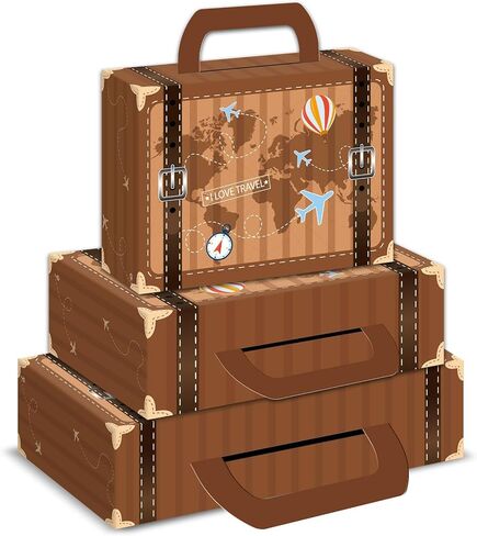 Wiooffen 6Pcs Large Vintage Travel Theme Party Decorations Paperboard Suitcase Gift Box Set of 3 Sizes Decorative Stackable Storage Chests for Travel Party Birthday Wedding Photo Booth Supplies Brown in Saudi Arabia