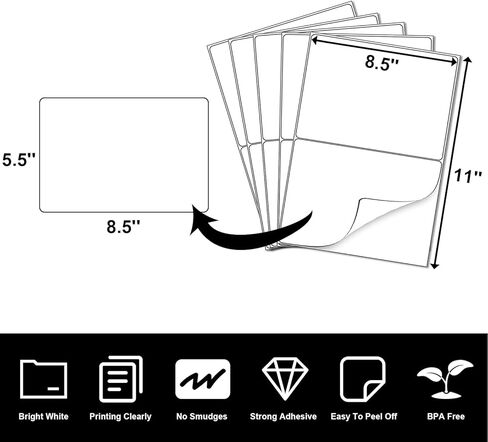 ملصقات شحن ذاتية اللصق نصف ورقة من LabelMore مقاس 8.5 بوصة × 5.5 بوصة لطابعات الليزر وطابعات الحبر - زاوية مستديرة - 1000 ملصق - ملصقات شحن 2 لكل ورقة in Kuwait