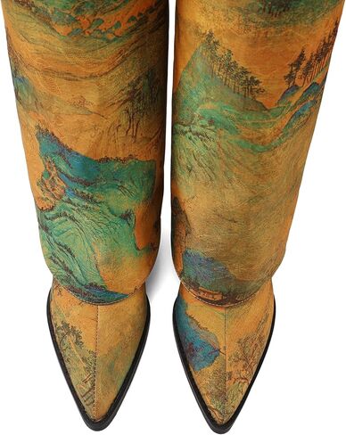 Limited‑Edition Fabric Landscape Print Cowboy Boots 9 cm Block Heel – Perfect for Country Concerts in Saudi Arabia