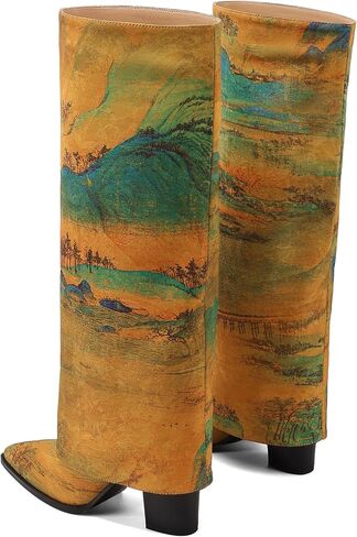 Limited‑Edition Fabric Landscape Print Cowboy Boots 9 cm Block Heel – Perfect for Country Concerts in Saudi Arabia