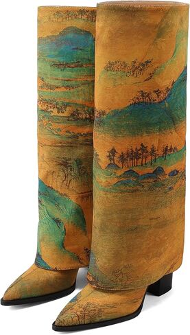 إصدار محدود من حذاء رعاة البقر القماشي بطبعة مناظر طبيعية وكعب عريض 9 سم - مثالي للحفلات الموسيقية الريفية in Kuwait