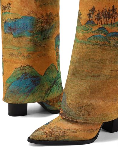 Limited‑Edition Fabric Landscape Print Cowboy Boots 9 cm Block Heel – Perfect for Country Concerts in Saudi Arabia