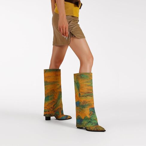 Limited‑Edition Fabric Landscape Print Cowboy Boots 9 cm Block Heel – Perfect for Country Concerts in Saudi Arabia