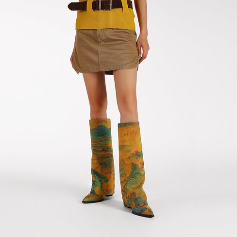 Limited‑Edition Fabric Landscape Print Cowboy Boots 9 cm Block Heel – Perfect for Country Concerts in Saudi Arabia