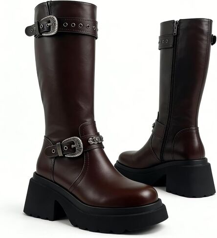 Edgy Black Leather Knee High Boots with Buckle Straps Women's Chunky Heel Knee High Leather Boots in Saudi Arabia