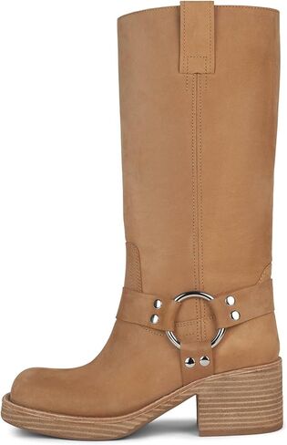 Yishaweiqi Women's Studds Biker Boots Chunky Heel Square Toe Knee High Boots Fall Dress Riding Boots Motorcycle Boots Side Zipper Western Boots in Saudi Arabia