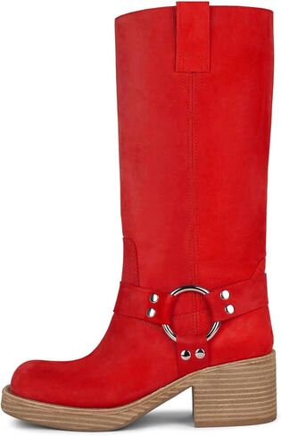 Yishaweiqi Women's Studds Biker Boots Chunky Heel Square Toe Knee High Boots Fall Dress Riding Boots Motorcycle Boots Side Zipper Western Boots in Saudi Arabia