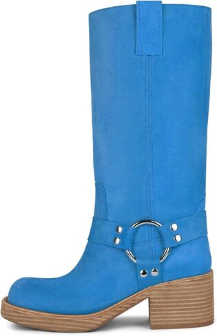 Yishaweiqi Women's Studds Biker Boots Chunky Heel Square Toe Knee High Boots Fall Dress Riding Boots Motorcycle Boots Side Zipper Western Boots in Saudi Arabia