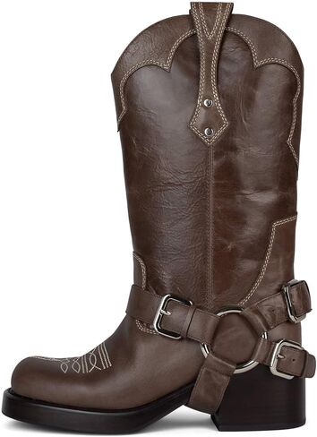 Yishaweiqi Women's Studds Biker Boots Chunky Heel Square Toe Knee High Boots Fall Dress Riding Boots Motorcycle Boots Side Zipper Western Boots in Saudi Arabia