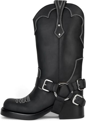 Yishaweiqi Women's Studds Biker Boots Chunky Heel Square Toe Knee High Boots Fall Dress Riding Boots Motorcycle Boots Side Zipper Western Boots in Saudi Arabia
