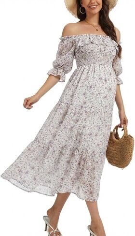 Half Sleeve Maternity Maxi Dress, Off-Shoulder Ruffled Elegant Flowy Baby Shower Photoshoot Dresses in Saudi Arabia